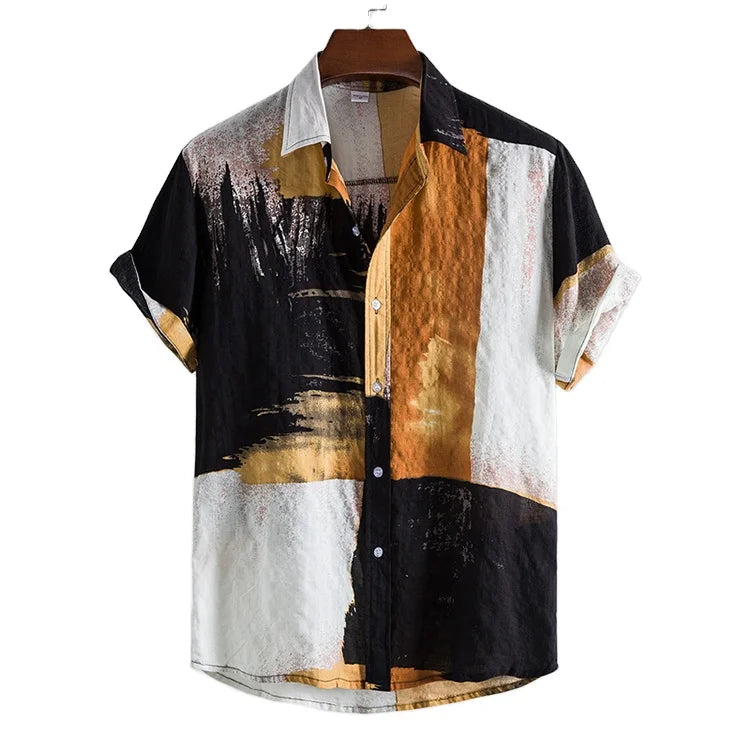 New Linen Short Sleeve Shirt Men Summer Floral Loose Baggy Casual Hawaii Holiday Beach Shirt Tee Tops Buttons Blouse
