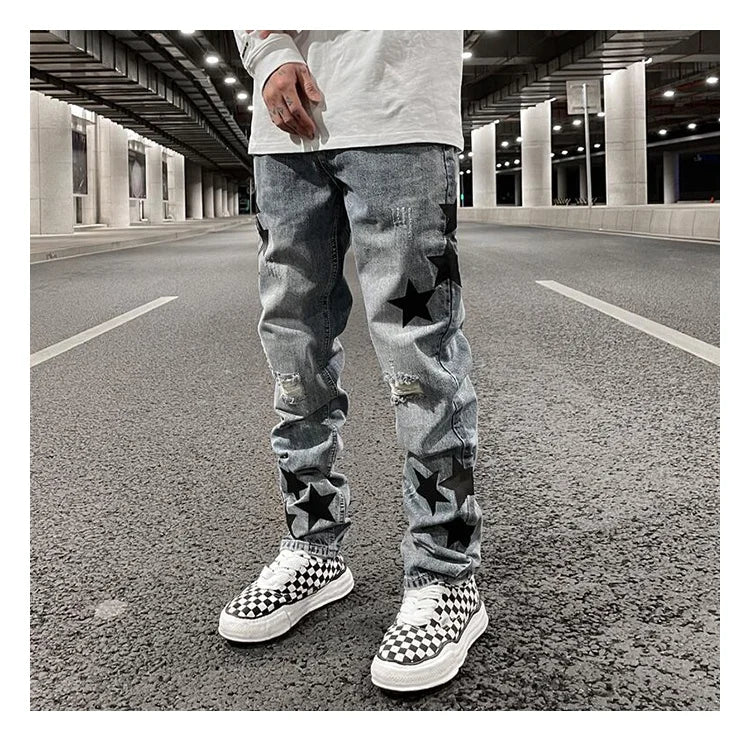 Custom Label Trousers for Men Drop Ship Boys Men Street Wear Stars Patch Stock Skinny Jeans Men
