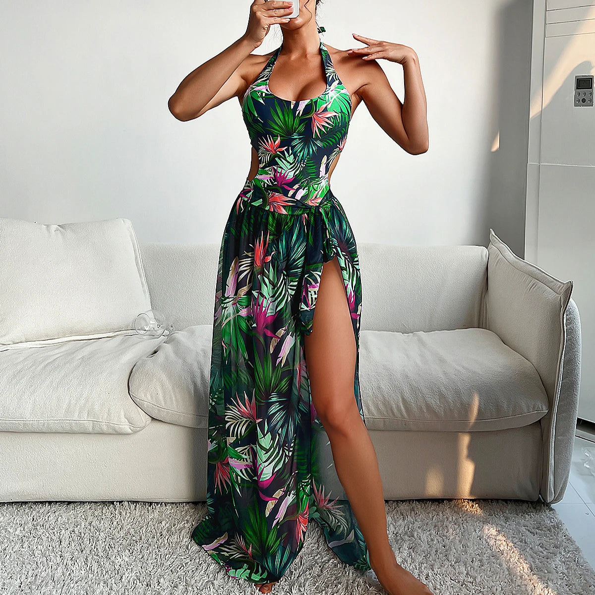 Leaf Print Vacation Beach 2 Piece Set Skirt One Piece Bikini 2026 Long Halter Swimsuit Custom Printing Sarong Swimwear