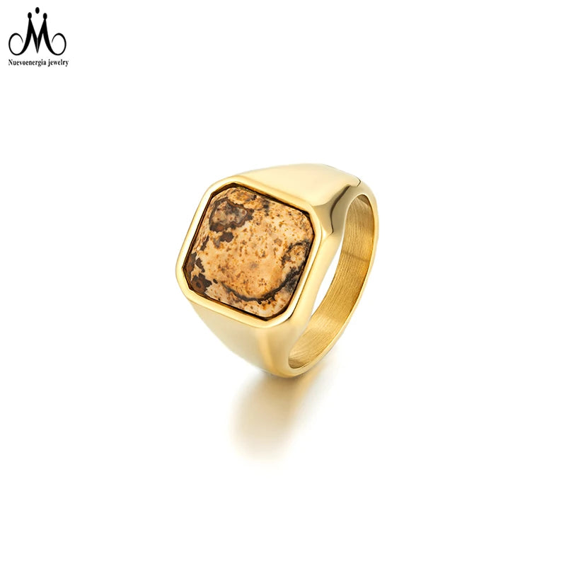 Personality Retro Men's Rings Tiger Eye Stone Inlaid Punk Ring Square 18 K Gold Plated Stainless Steel Ring for Men