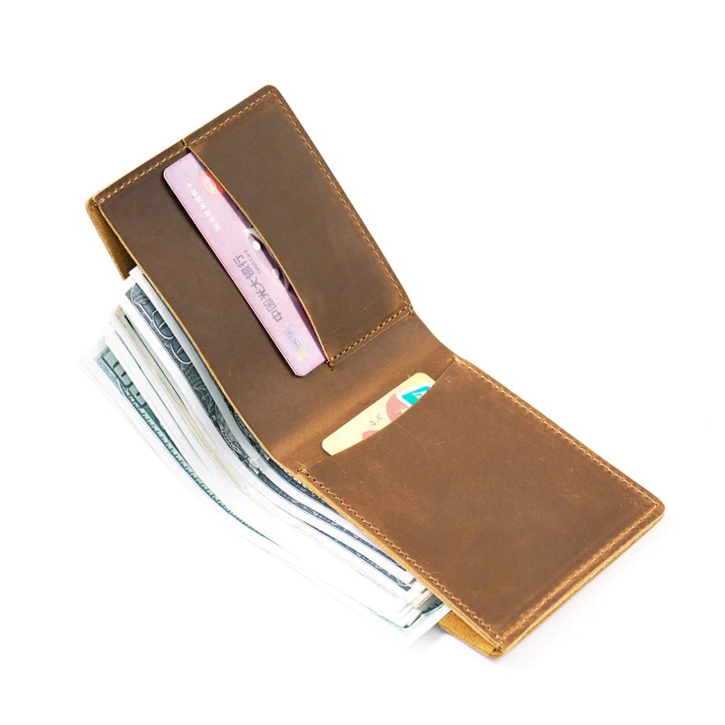 Wholesale Custom Logo Crazy Horse Genuine Leather Man Simple Wallet Handmade Vintage Bifold Wallets for Men