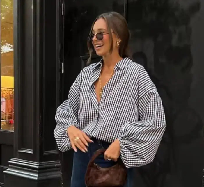 Enyami Streetwear Fashion Black Loose Lattice Plaid Shirts Oversized Boxy Casual Lapel Puff Sleeve Office Lady Women Blouse