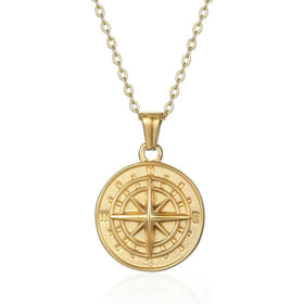 OEM ODM Factory Custom Stainless Steel Gold Plated Mens Matte Brushed Coin Compass Pendant Necklace