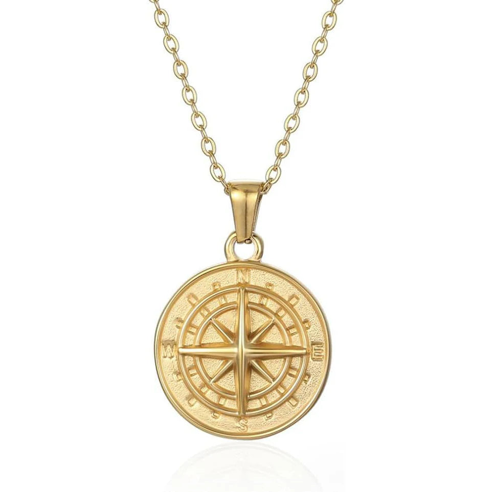 OEM ODM Factory Custom Stainless Steel Gold Plated Mens Matte Brushed Coin Compass Pendant Necklace