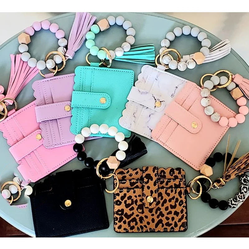 Silicone Bead Wristlet Coin Purse Keychain Leopard Beads Bracelet Tassel Wallet Leather Car Bangle Key Ring Credit Card Keychain