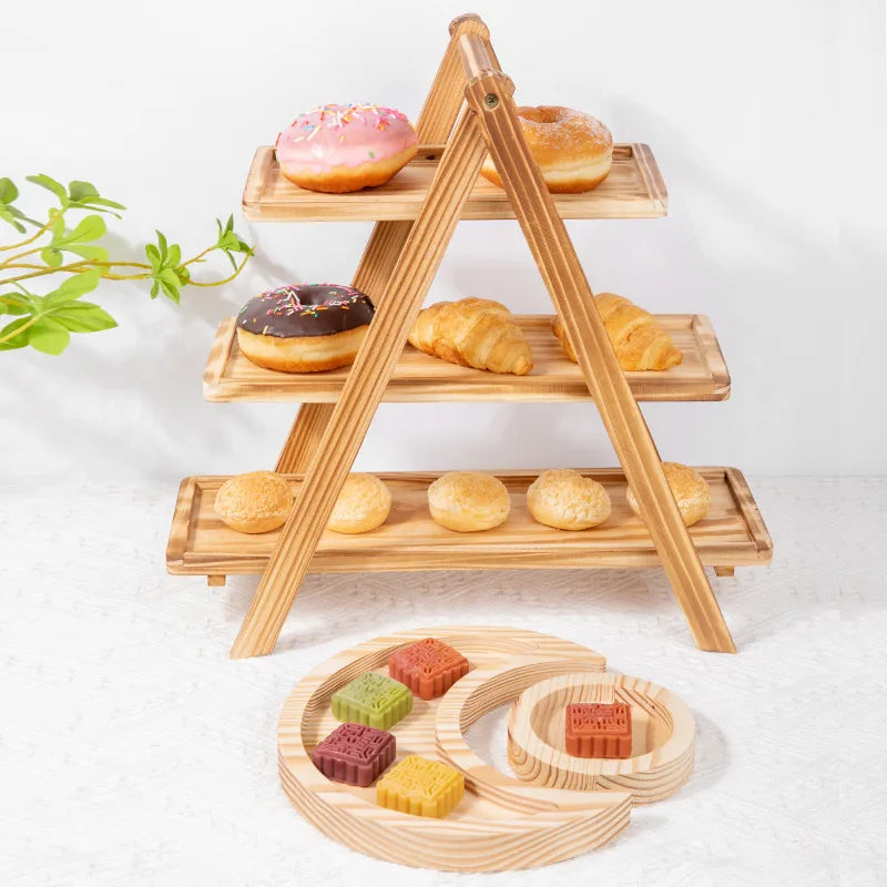Hotel Kitchen Supplies Three-layer Rectangular Tray Shelf Wooden Detachable Fruit Cake Dessert Tray