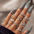 10pcs Boho Vintage Geometric Joint Finger Ring Set Hollowed-out Star Rose Flower Snake Ring Sets for Women Jewelry