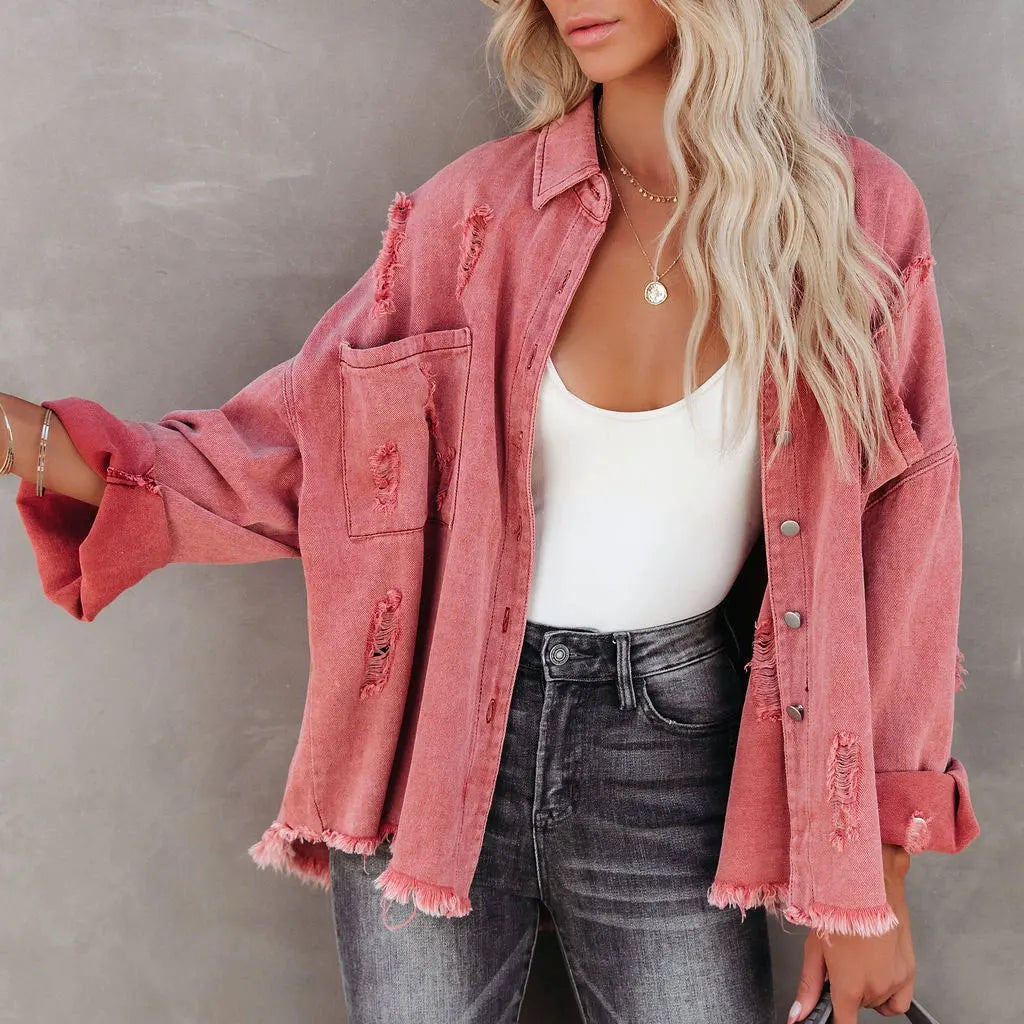 Denimblue US CA Luxury Stylish Femme Woman Fall Winter Warm Oversized Shirt Shacket Denim Jean Jackets for Ladies Women