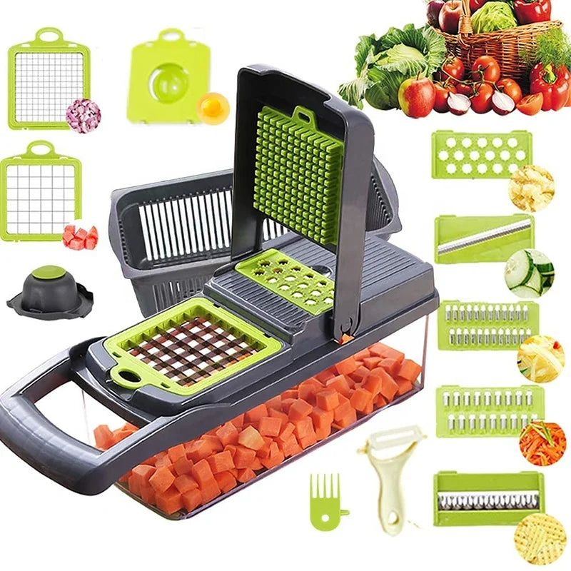 Household Multifunctional Adjustable Mandoline Slicer Shredder 12 in 1 Vegetable Cutter with Drain Basket