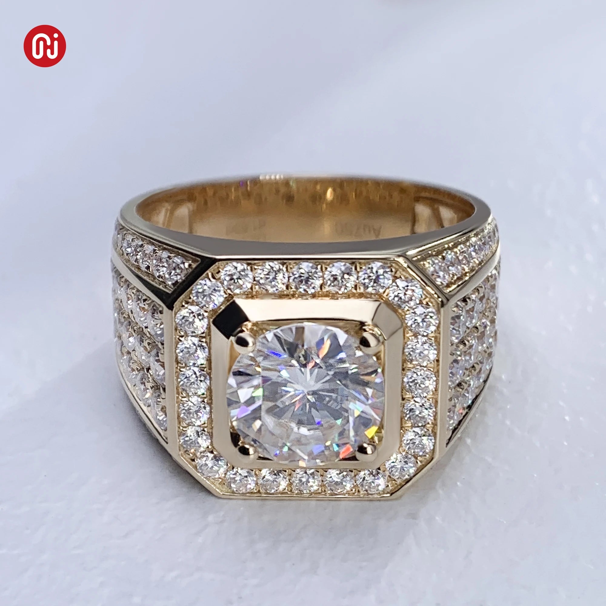 GIGAJEWE 3.0CT Round Cut Moissanite White D Color Color 9K/14K/18K Yellow Gold Man Band Ring