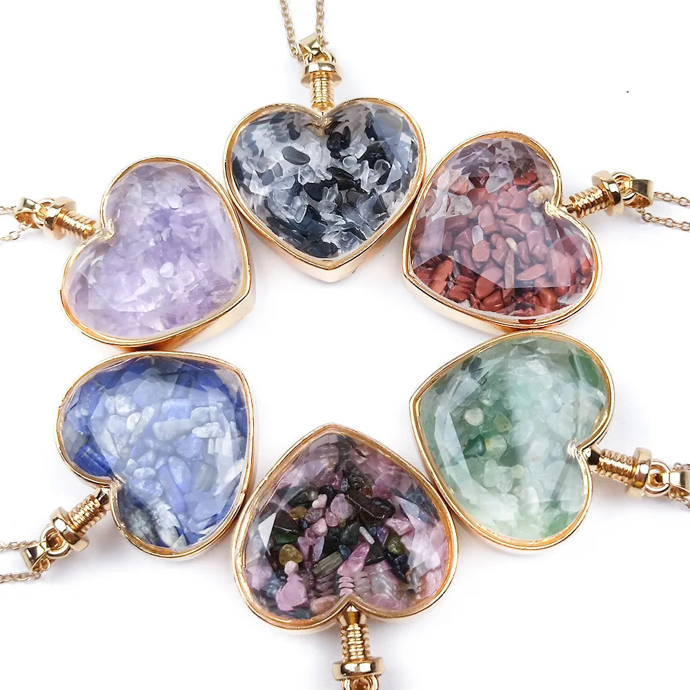 Wholesale Love Wishing Pendant Natural Crushed Stone Polished Crystal Heart Drift Bottle Necklace