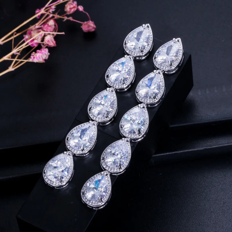 Top Quality Brilliant Silver Color CZ Cubic Zircon Luxury Tear Drop Extra Long Dangle Earrings for Women Wedding Gift Jewelry