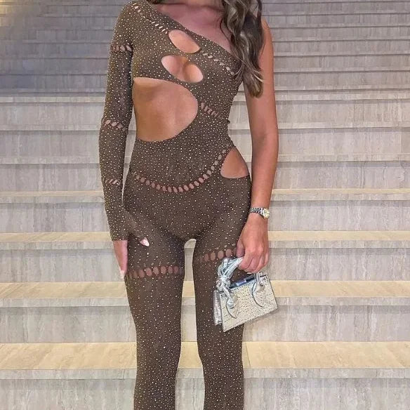 Womens One Piece Nightwear Party Clubwear Bodycon Rhinestone Crystal Bodystocking Jumpsuit Lingerie
