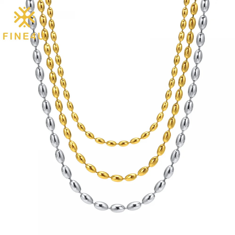 Women Stackable High Quality Fashion Jewelry Gold Plated Stainless Steel Oval Ball Bead Chain Necklace