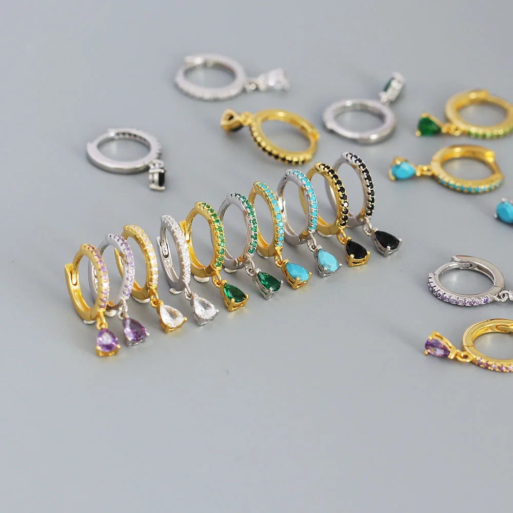 Jachon Simple Light Luxury S925 Sterling Silver Water Drop Colorful Diamond Hoop Earrings Silver Earrings