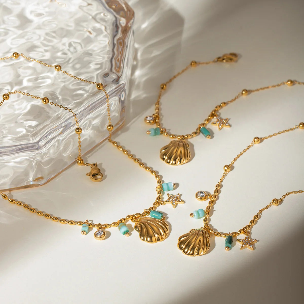 Fashion 18K Gold Plated Beaded Chain Chokers Shell Diamond Star Charm Stainless Steel Necklace Bracelet Jewelry