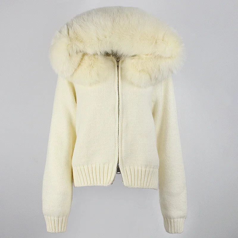 OFTBUY 2025 Women's Winter Autumn Coat Casual Hooded Short Knitted Jacket Real Fox Fur Collar Solid Outwear Sweater Zipper Warm