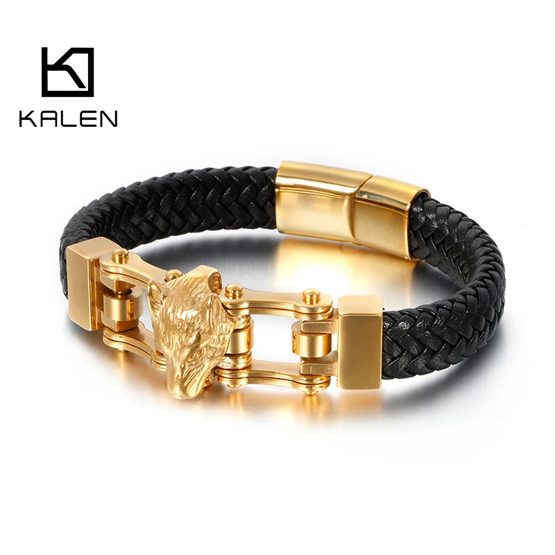 KALEN Black Genuine Leather Braided Rope Gold Stainless Steel Wolf Bracelet Men