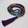 8mm Beaded Mala Necklace Long Tassel Handmade Knotted Amethyst Lapis Turquoise Yoga Meditation Healing Japamala Necklace