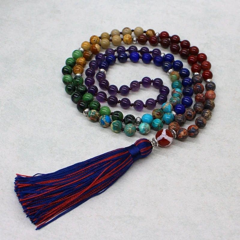 8mm Beaded Mala Necklace Long Tassel Handmade Knotted Amethyst Lapis Turquoise Yoga Meditation Healing Japamala Necklace