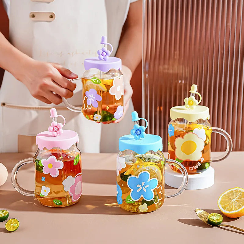 Ins Korea Flower Printing Glass Straw Cup Heat Resistant Glass Water Cup