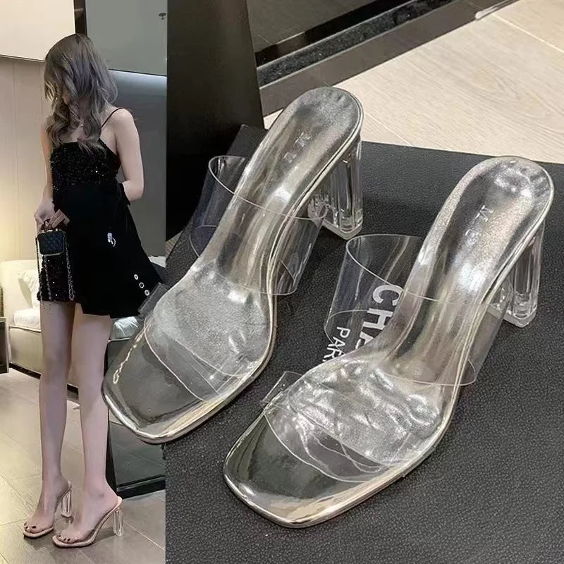 Shoes Stock Fashion Color Crystal Sandals and Ladies Transparent Chunky Heels Color PVC Characteristic Wholesale slippers