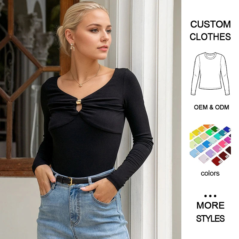 Spring Cute V-neck Long Sleeve Solid Color Shirts Women's Sweater-European American Fashion Elegant Commuter Knit Tops