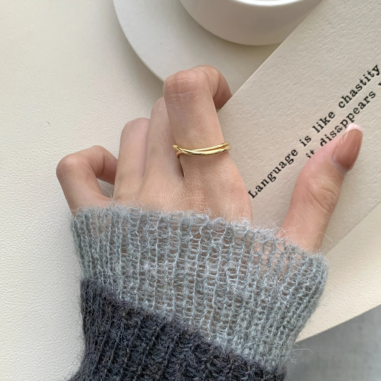 Vianrla S925 Sterling Silver  Double-Layer Ring Female Simple Intersection Niche Design Opening Adjustable Index Finger Ring