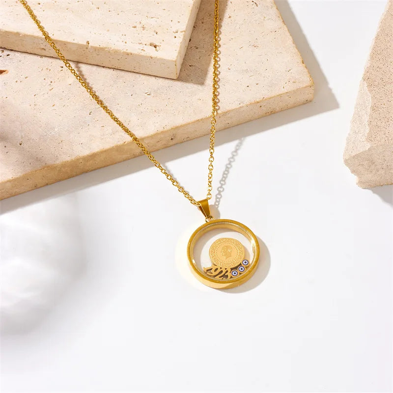 Stainless Steel Waterproof Jewelry Accessories Gold-Plated 1923 Turkish Coin Blue Evil Eye Beads Pendant Necklace for Women