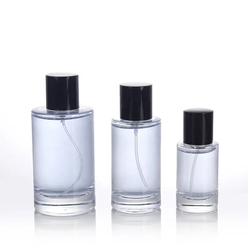 Wholesale Clear Round Glass Perfume Spray Bottles 25ml/50ml/100ml with Screen Printing Pump Sprayer 1000pcs MOQ
