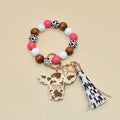Cow Patterns Wooden Beads Wristlet Keychain Bracelet Engraved Mama Cow Head Wood Keychain