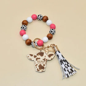 Cow Patterns Wooden Beads Wristlet Keychain Bracelet Engraved Mama Cow Head Wood Keychain