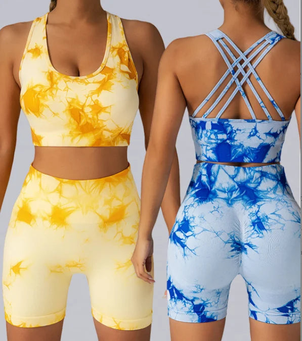 2025 New Style Tie-dye Yoga Seamless Sports Set for Women High Elasticity High Support Sportswear Gym Fitness Shorts Set