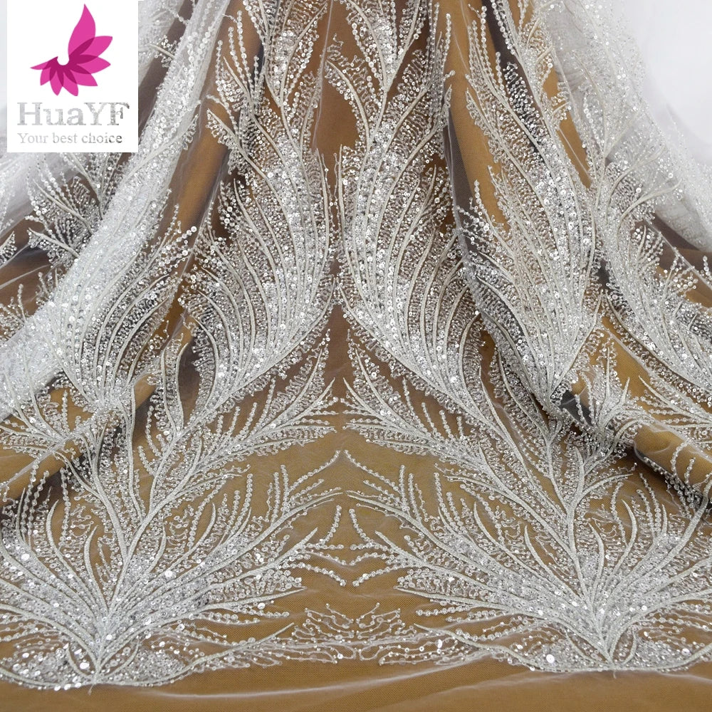 Exclusive White Bridal Wedding French 3d Beaded Sequins Lace Embroidery Glossy Thread Evening Dress Fabric HY1511