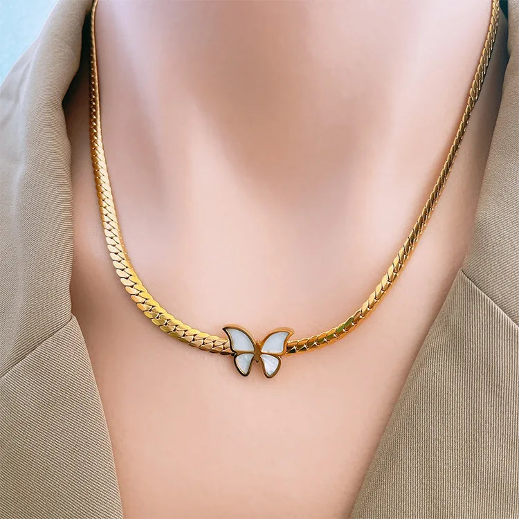 Bulk Sell Jewelry Non Tarnish Stainless Steel Gold Plated White Shell Butterfly Bracelet Earrings Choker Necklace