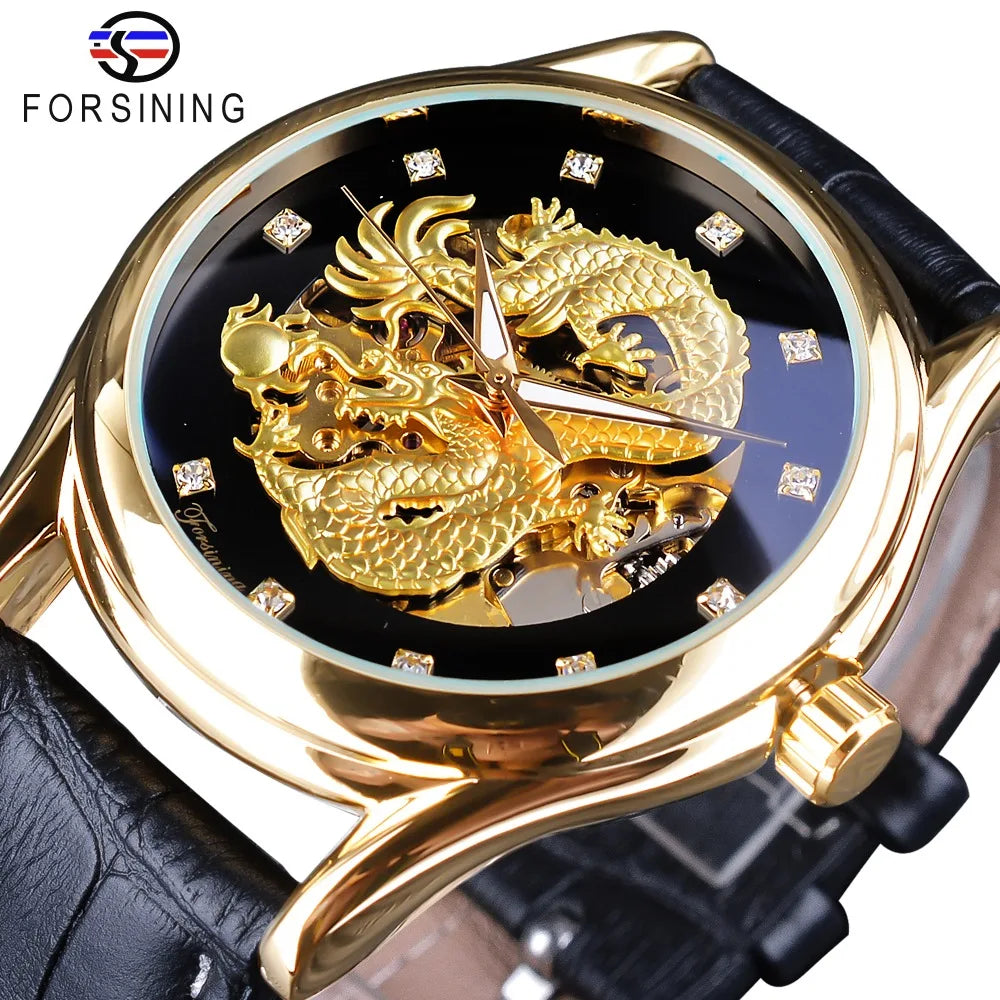 Forsining Men's Mechanical Automatic Skeleton Wristwatch Luxury Diamond Transparent Dragon Waterproof Ovale Case Leather Sport