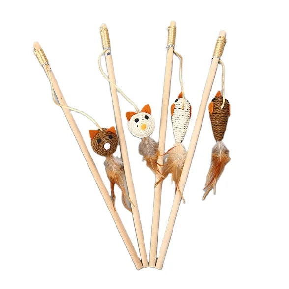 Wholesale New Design Mouse Head Bird  Wooden Pole Interactive Cat Teaser with Feather