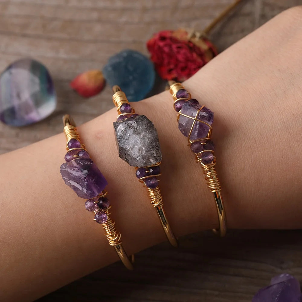 Large Golden Bangles with Raw Quartz Nugget Crystals Trendy Wire Wrapped Healing Energy Jewelry Gold Plated MegaBDM