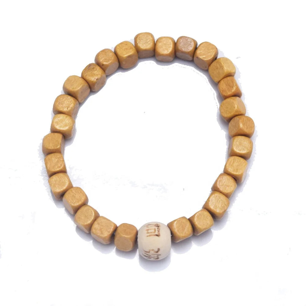 Trendy Handmade Elastic Cord Stretchy square Wood Beads Beaded Chinese Buddhist Amitabha Charm Bead Bracelet Jewelry Women