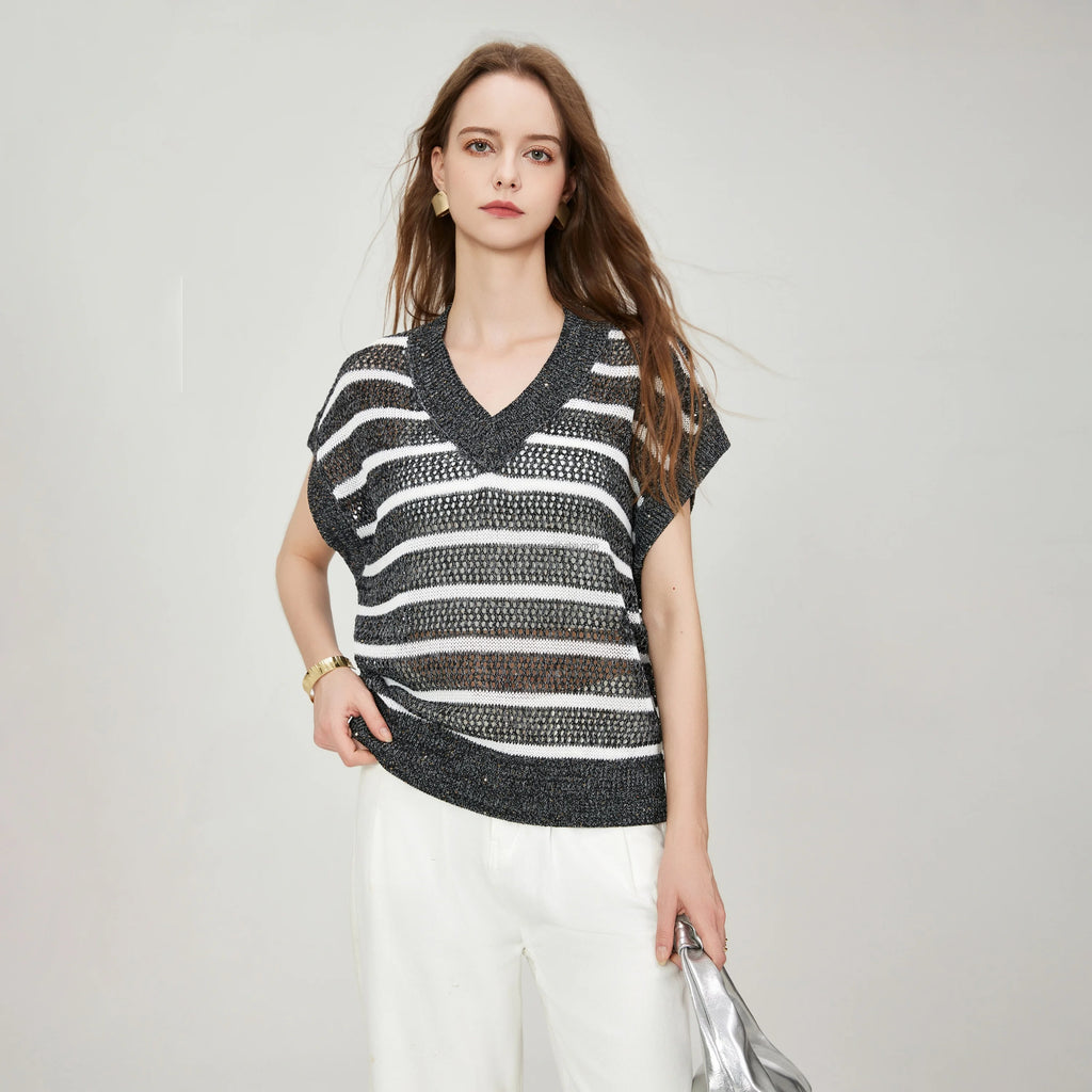Women's Dazzling Sequined Yarn Two-tone Striped Knit Top Drop Shoulder V-neck Breathable Mesh Loose Vest Ribbed Hem Knitwear