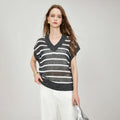 Women's Dazzling Sequined Yarn Two-tone Striped Knit Top Drop Shoulder V-neck Breathable Mesh Loose Vest Ribbed Hem Knitwear