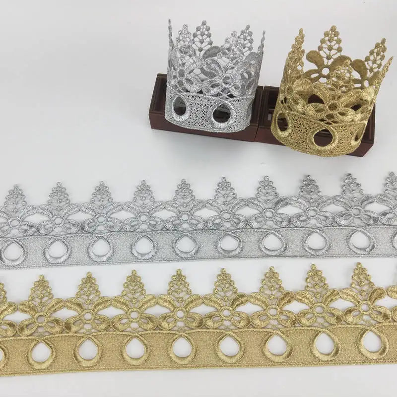 High Quality Lace Trimmed African Gold Silver Crown Woven Metal Lace Trim
