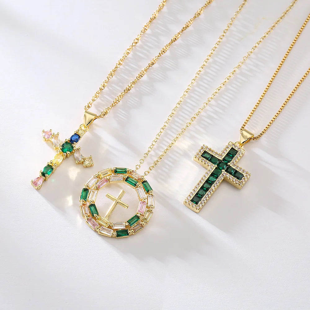 2023 Light Luxury Vintage Jesus Cross Necklace Brass Inlaid Zircon Necklace Box Chain 18k Gold Necklace for Women