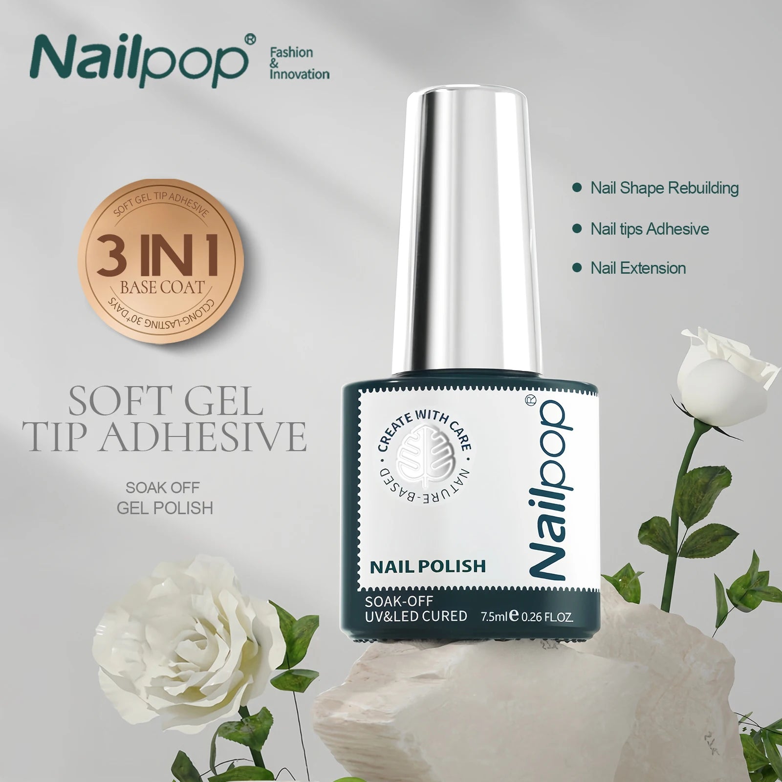 NAILPOP 3-in-1 UV Nail Gel Polish Starter Set 7ml No Wipe Matte & Shiny Top Coat with Base Coat for Home DIY Nail Salon Soaking
