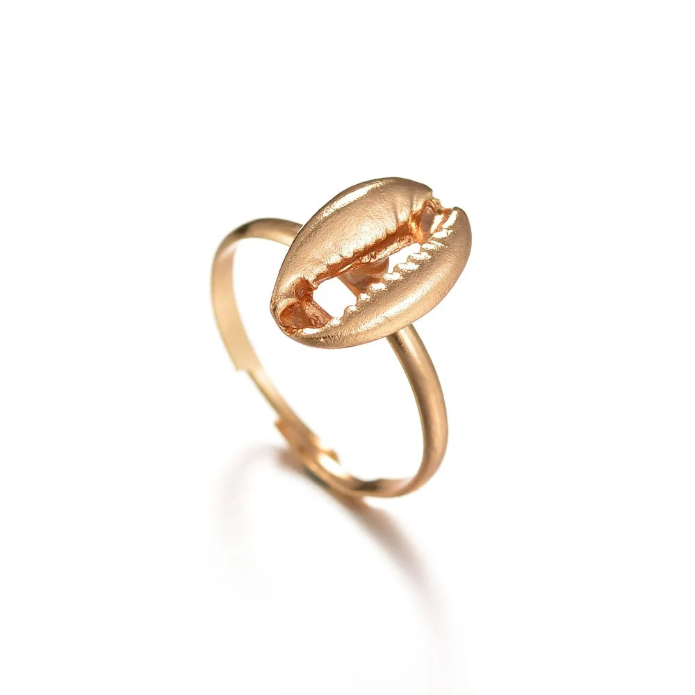 Bohemian 18k Gold Cowrie Shell Finger Ring Adjustable Conch Bead Metal Open Shell Ring