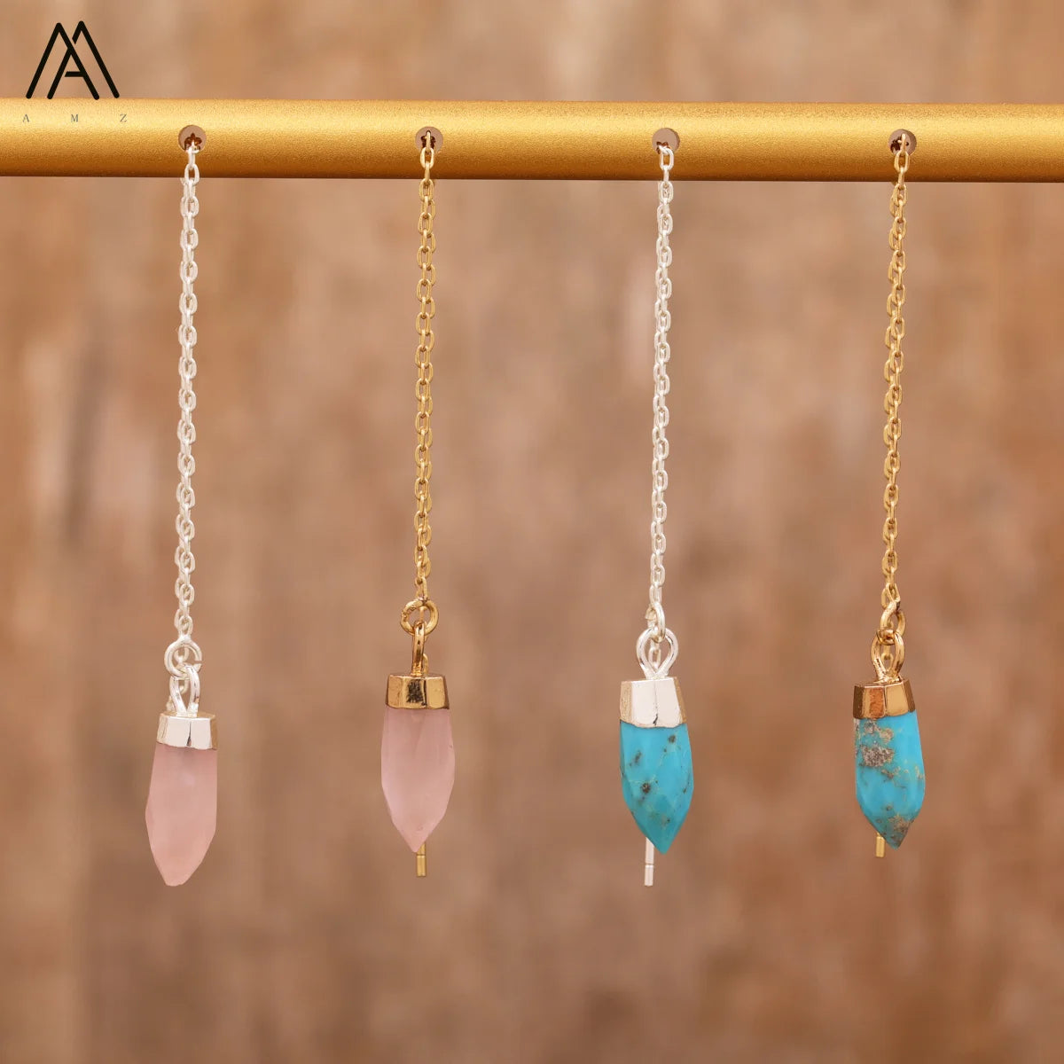 Thin Crystal Earrings  Rose Quartz Turquoise Howlite  Mini Stone Charm Chandelier Earrings Jewelry