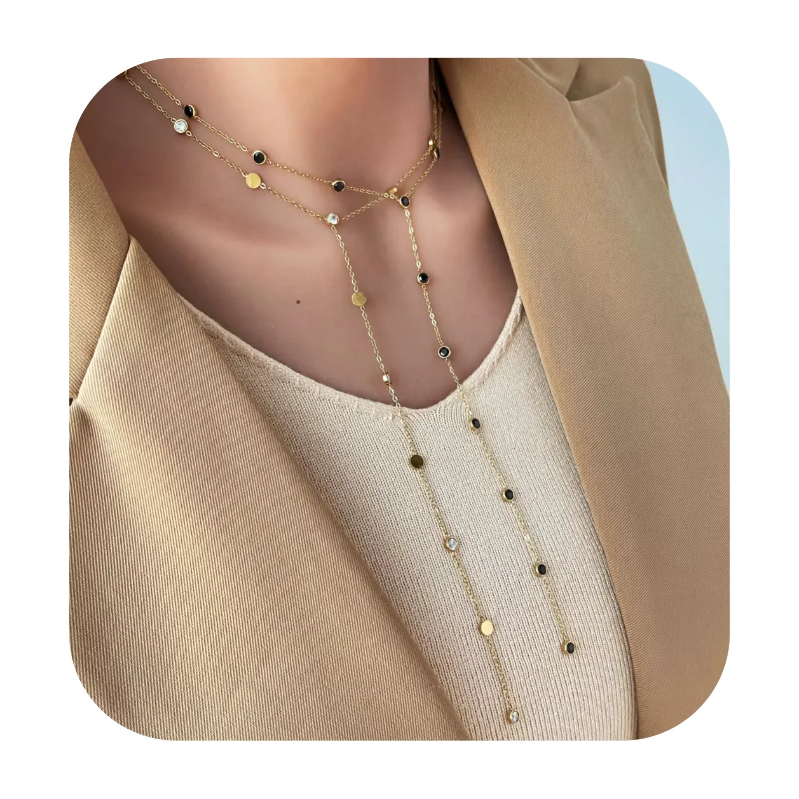 Collier Inoxydables Waterproof Gold Plated Stainless Steel Chain Dainty Diamond Station Y Lariat Necklace