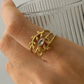 18K PVD Gold Plated Stainless Steel Open Ring with Overlapping Cubic Zirconia Multi-Layer for Engagement or Party Unisex