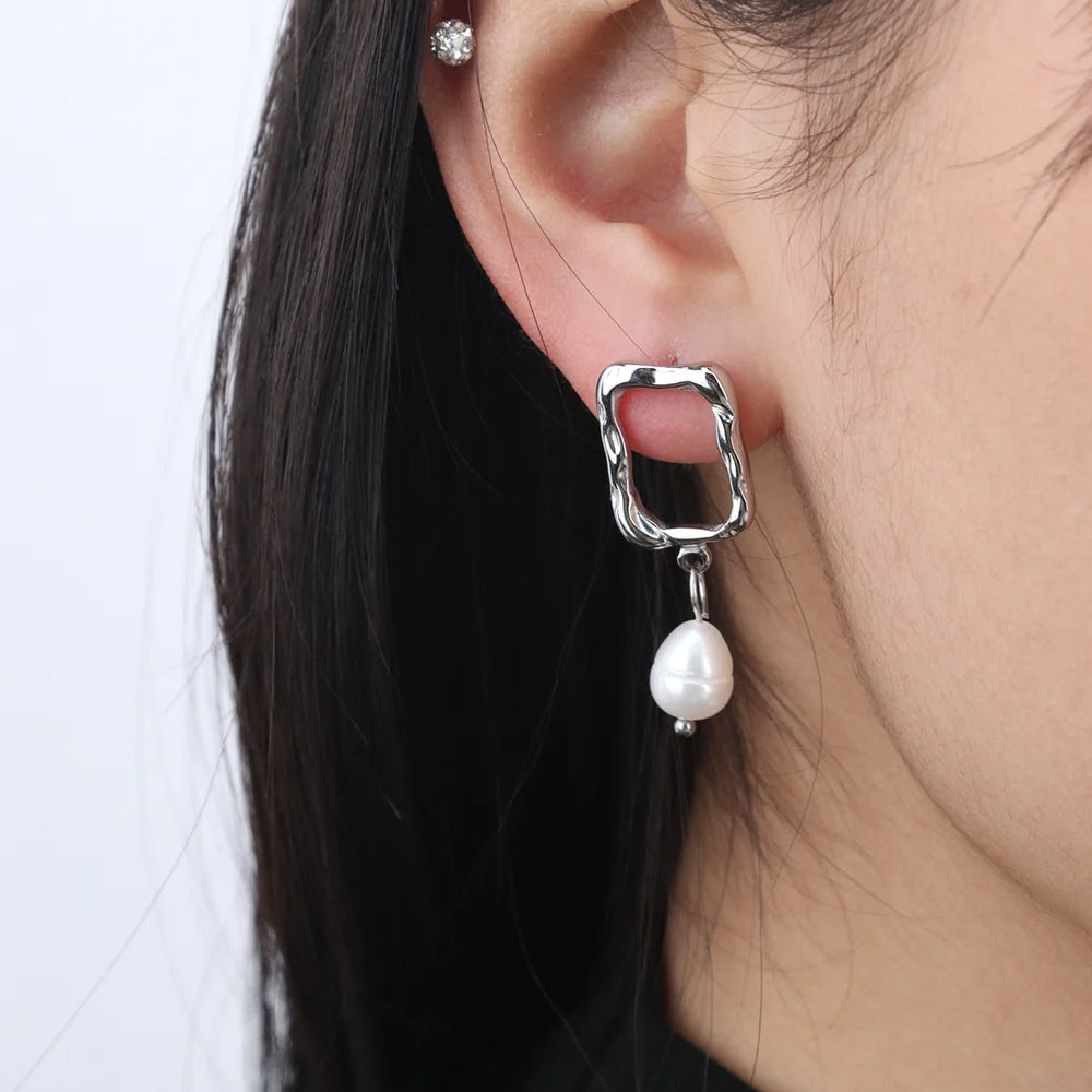 Chris April 316L Stainless Steel PVD Gold Plated Natural Freshwater Pearls Orgainc Hoops Earring