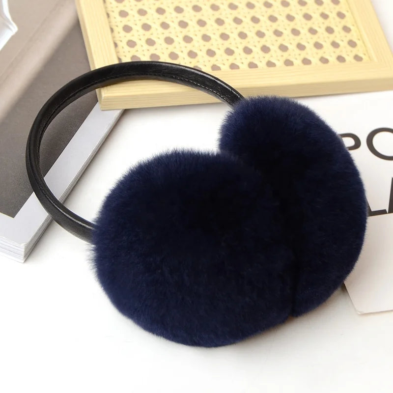Holiday Gift Luxury Adjustable Real Rex Rabbit Fur Earmuff Women Warm Plush Fluffy Fur Ear Muffs Ear Warmers Christmas Gift